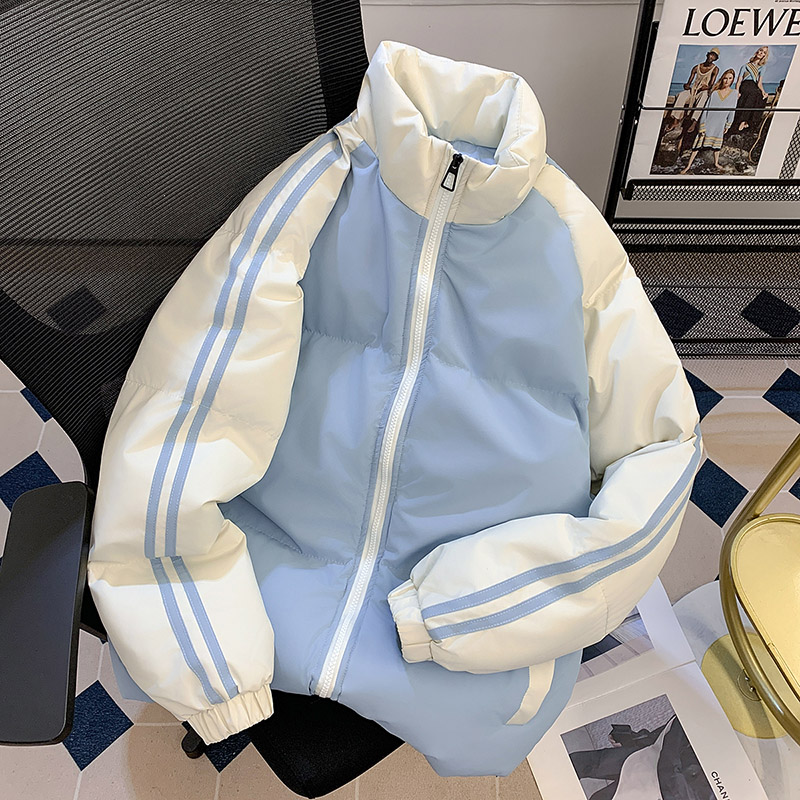 美式插肩条杠拼接撞色立领棉衣男女冬季新款加厚宽松羽绒棉服防寒