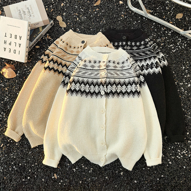 美式费尔岛提花开衫毛衣男女高级感氛围感cleanfit纽扣针织衫情侣