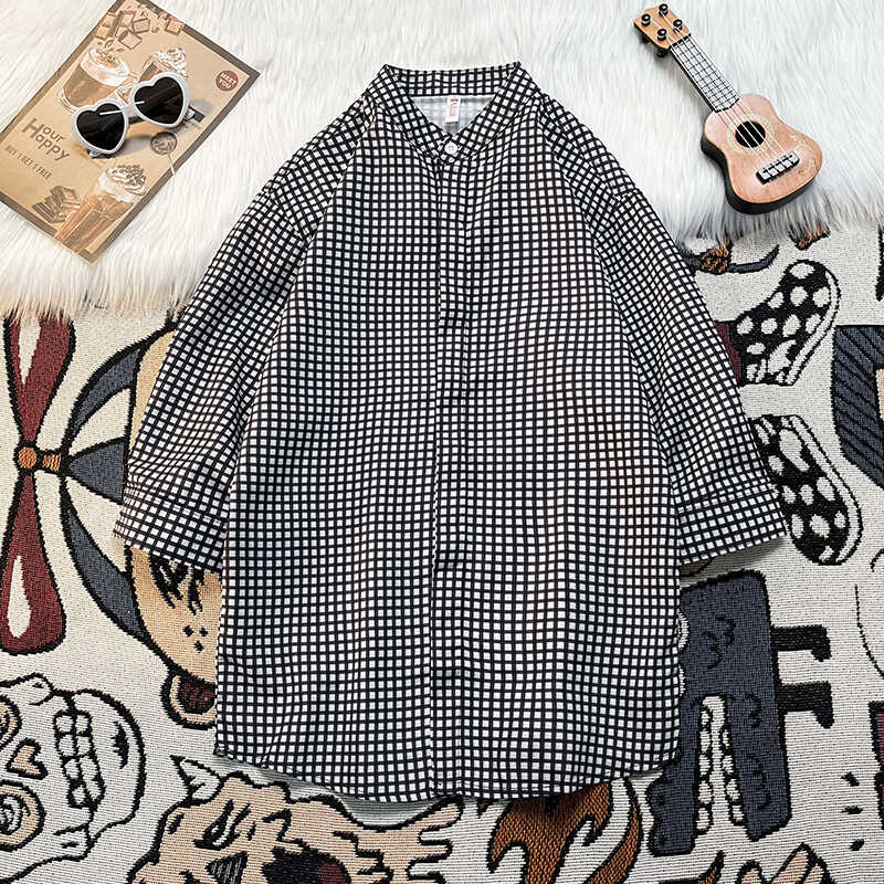 日系格子短袖衬衫男士夏季高级感cityboy痞帅青少年半袖衬衣休闲