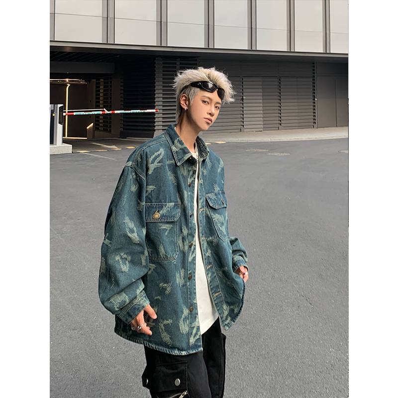 轻奢设计感刮痕提花牛仔夹克男女美式高级感免烫宽松垫肩工装外套
