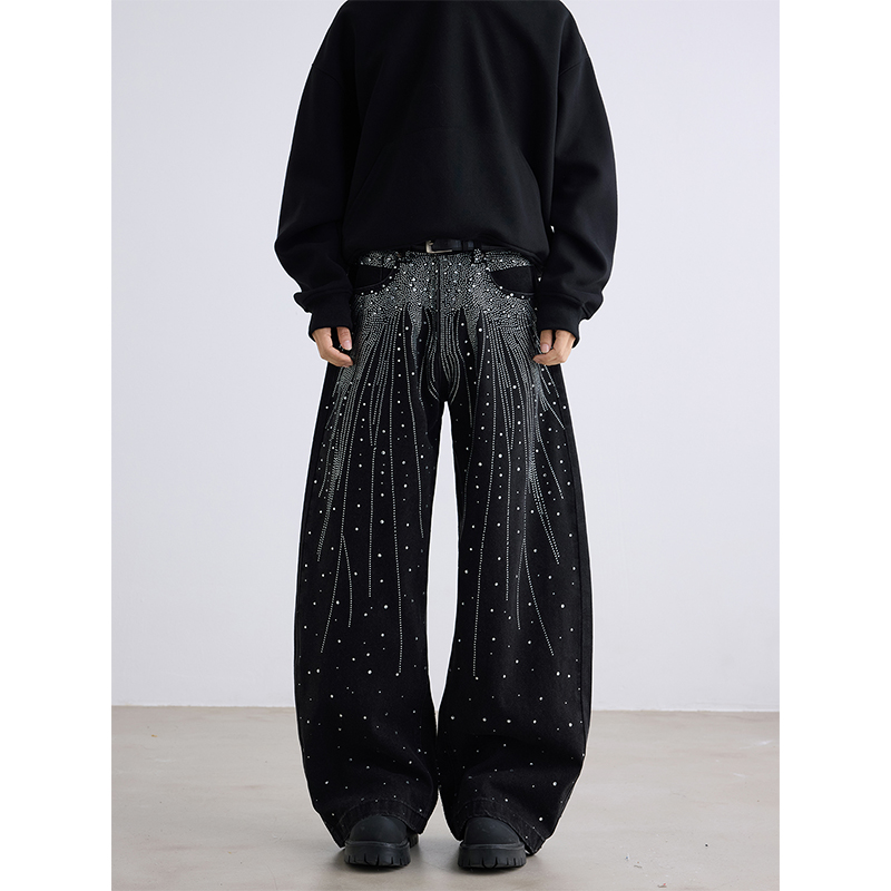 重工满天星烫钻牛仔裤男女炸街弯刀水洗vibe直筒阔腿微喇长裤美式