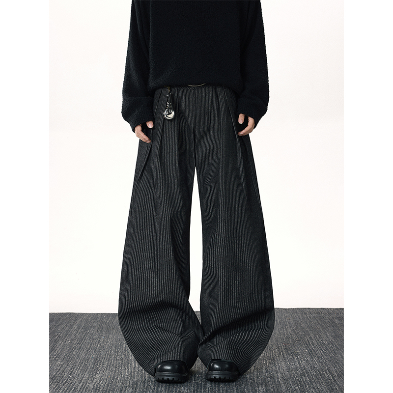 美式vibe风拼接条纹廓形弯刀休闲裤男款阔腿微喇拖地裤直筒青少年