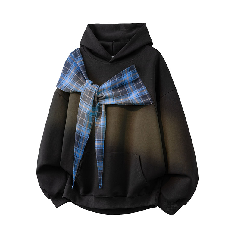 美式高街格子假两件连帽卫衣男女披肩衬衫宽松休闲外搭重磅上衣服