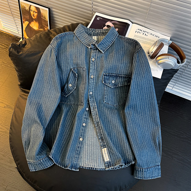 美式工装口袋条纹长袖牛仔衬衫外套男春秋季帅气宽松翻领工装衬衣