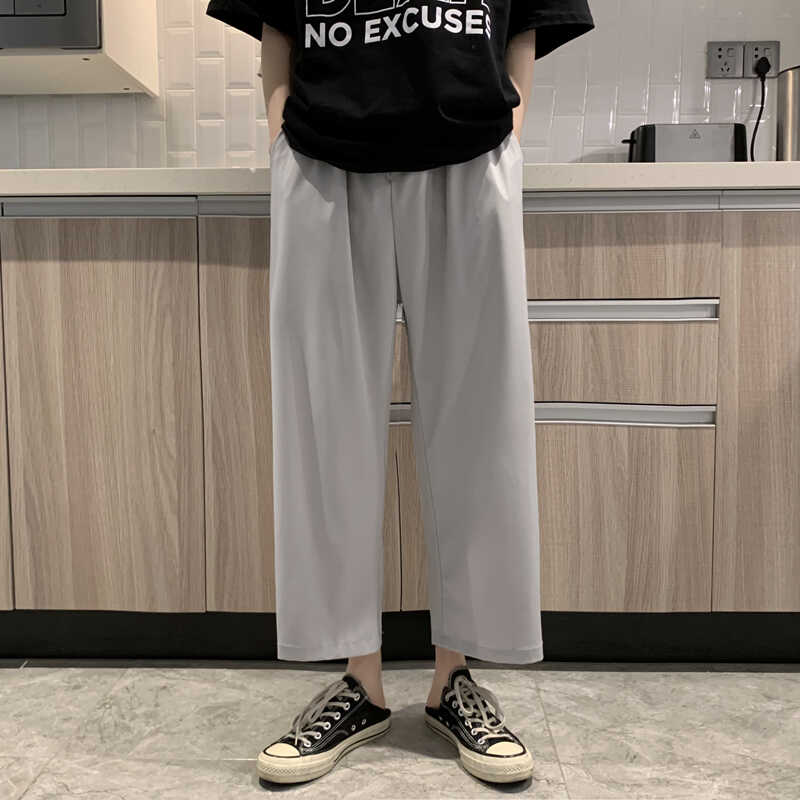 夏季纯色裤子男韩版潮流百搭阔腿休闲ins港风坠感宽松直筒九分裤