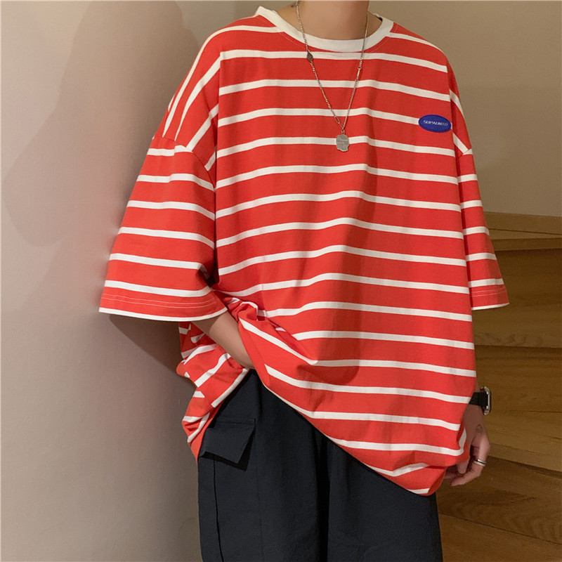 2025夏季条纹短袖T恤男韩版潮流百搭半袖宽松休闲五分袖男士体恤