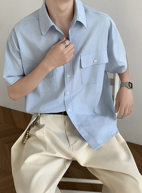 简约clean廓形纯棉蓝色短袖衬衫男女ins潮流夏季休闲半袖衬衣垂感