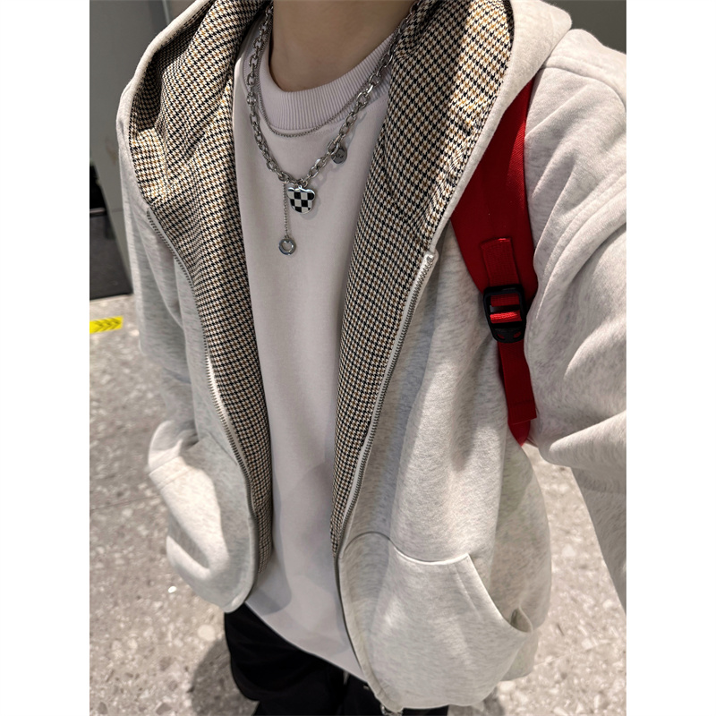 双面穿千鸟格拉链连帽卫衣男女外穿Cleanfit短宽两穿夹克秋冬新款