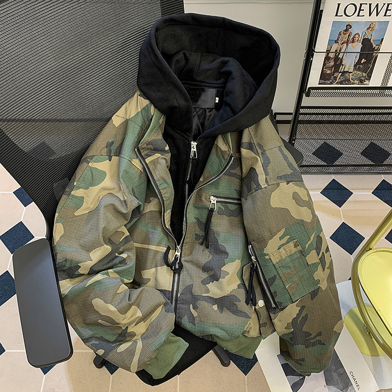 假两件美式迷彩飞行夹克羽绒棉服男女款冬季加厚短款棉袄工装外套