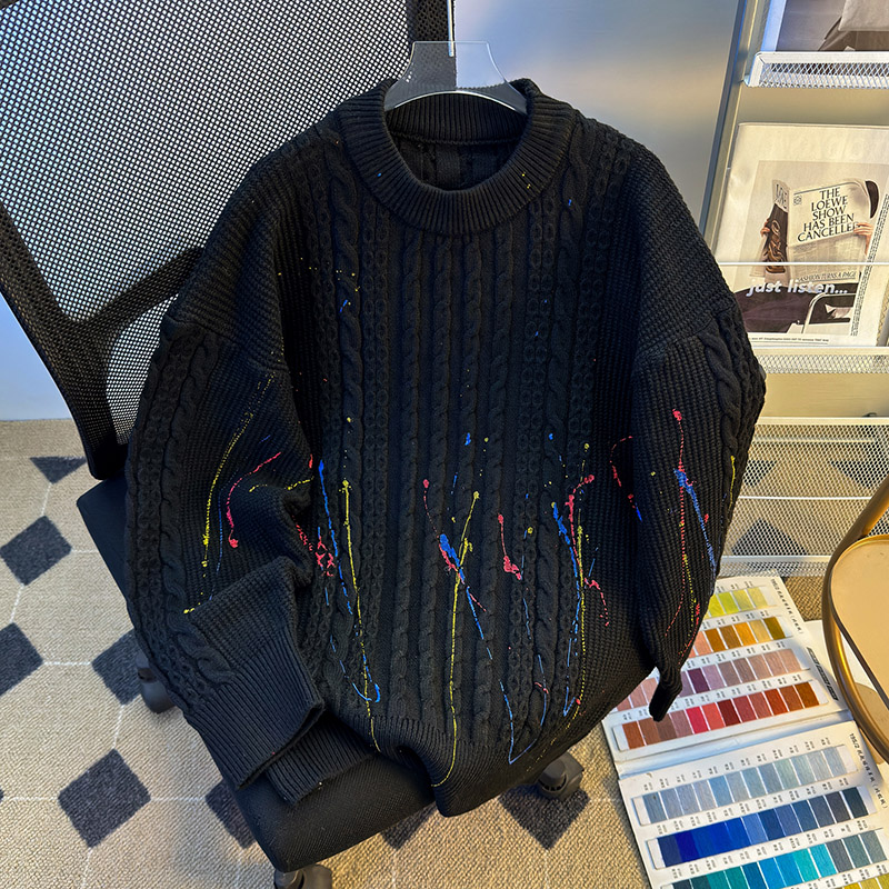 美式复古涂鸦麻花毛衣男女秋冬款高级感针织衫cleanfit内搭打底衫