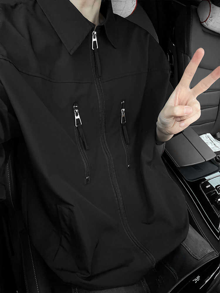 高级感痞帅纯色垫肩拉链短袖衬衫男生夏季休闲宽松bf五分半袖衬衣