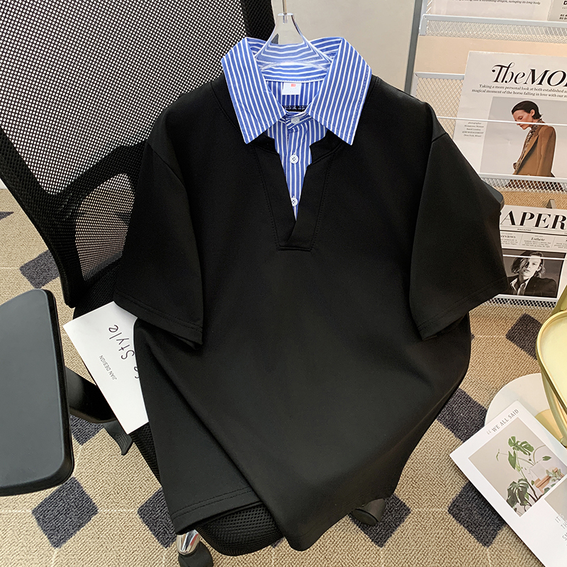 假两件拼接条纹衬衫领短袖体恤男款美式夏季复古撞色t恤高级感潮