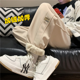 男生直筒宽松休闲加绒束脚抽绳卫裤 加厚保暖羊羔绒运动裤 时尚 冬季