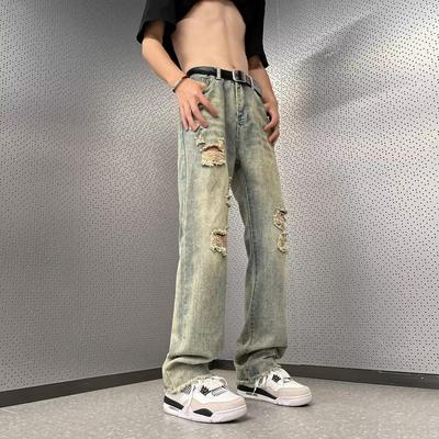 美式vibe破洞牛仔裤黄泥色