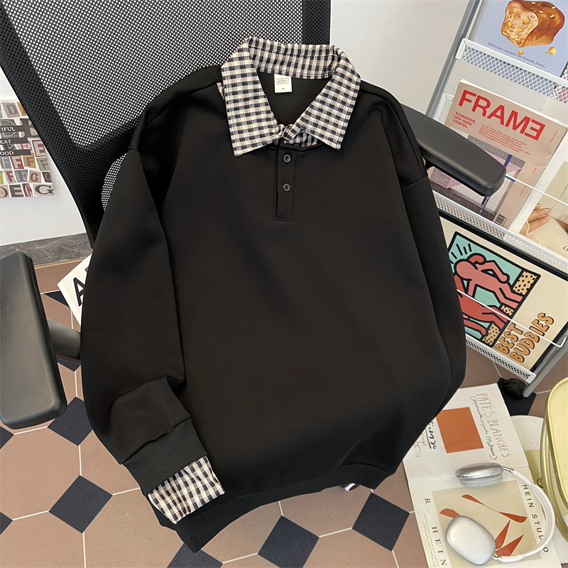 美式格子polo领灰色卫衣男装秋季新款宽松长袖无帽套头上衣打底衫