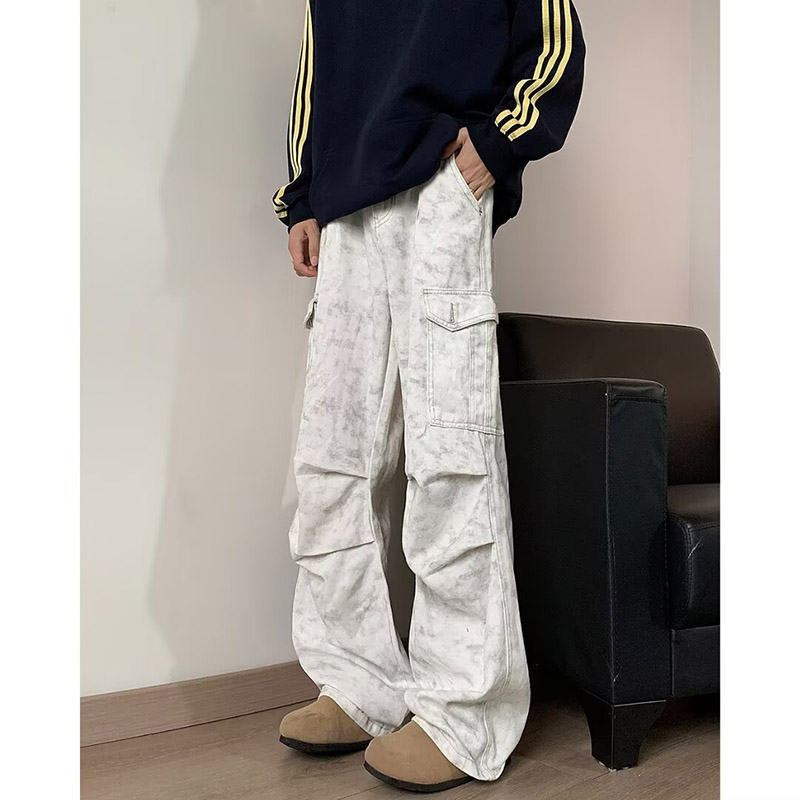 高街扎染褶皱工装伞兵牛仔裤男款秋季宽松直筒阔腿做旧微喇脏脏裤