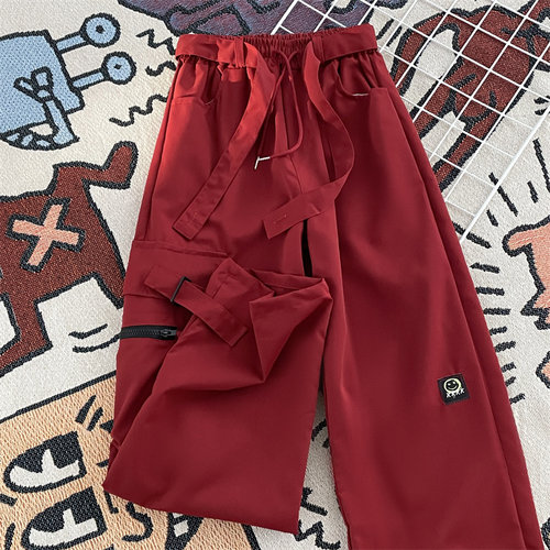 街头美式嘻哈红色工装裤