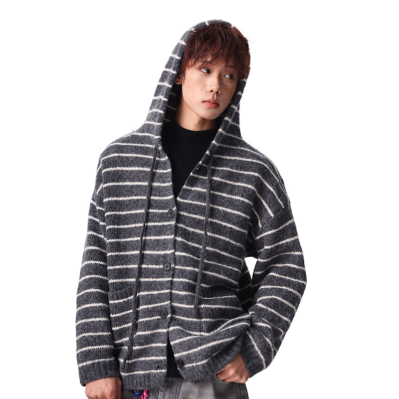 时尚拼接条纹连帽开衫毛衣外套男女重磅韩系氛围感早秋上衣针织衫