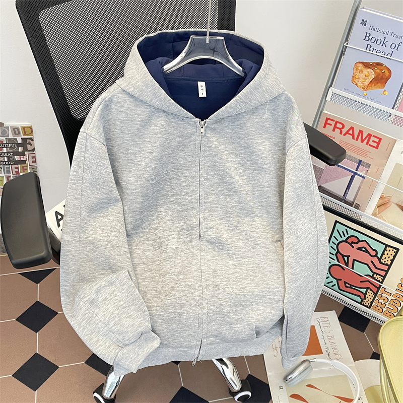 基础款双拉链连帽廓形卫衣男女简约假两件cleanfit外穿高级感上衣