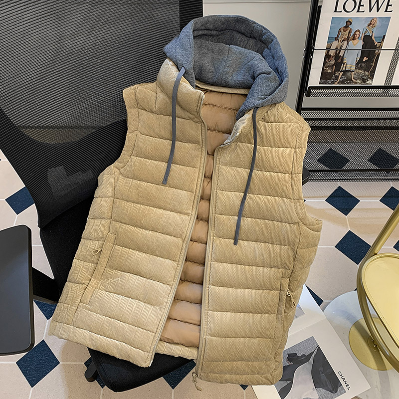 无袖灯芯绒坎肩棉马甲男士冬季新款背心加厚连帽宽松棉服马夹外套