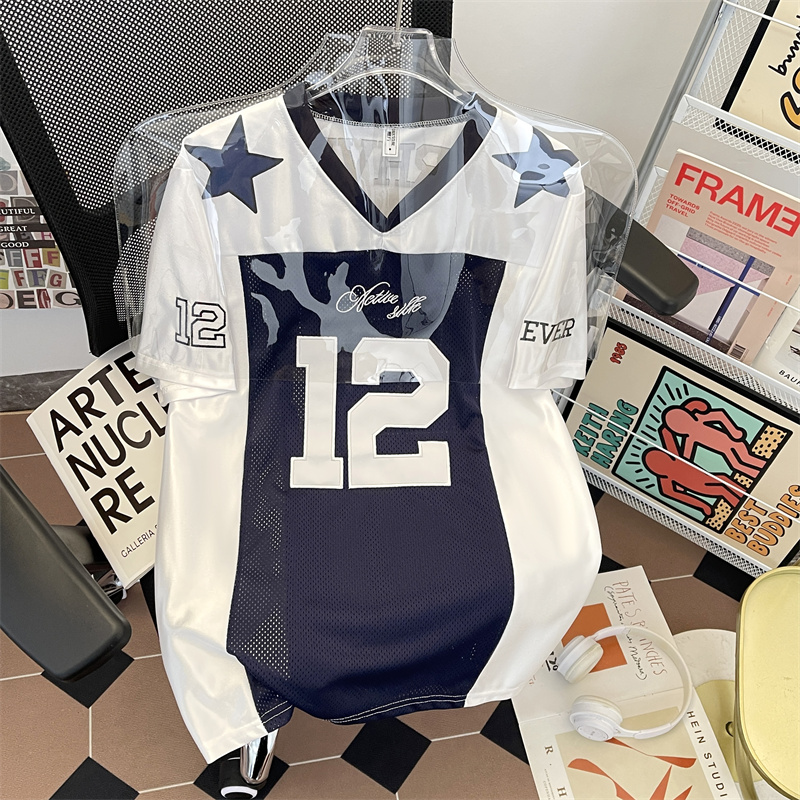 美式复古V领网眼透气速干运动球衣男女夏季宽松短袖T恤上衣服潮牌