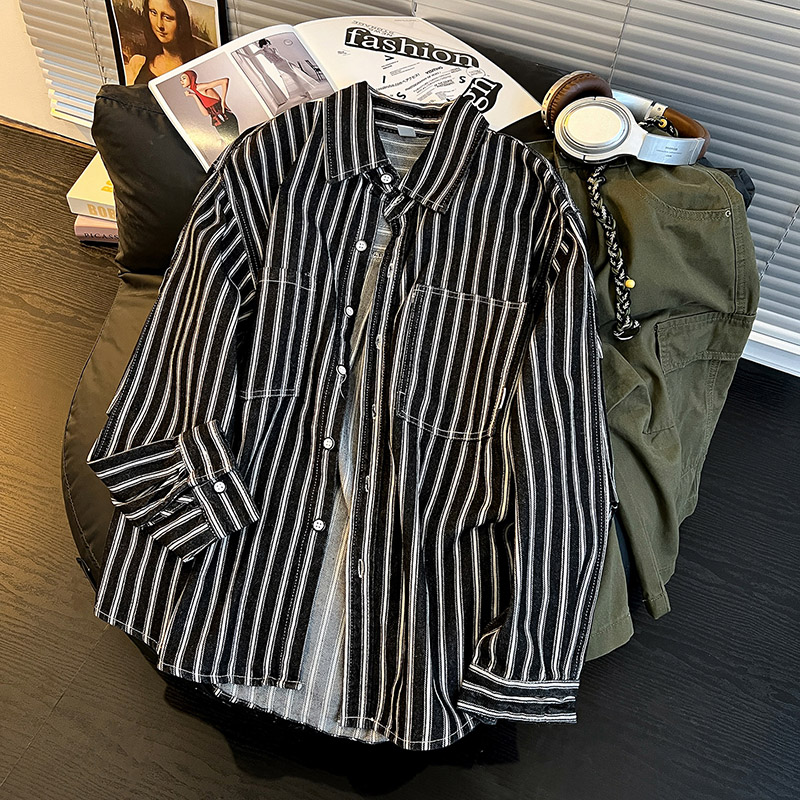 复古做旧拼接条纹长袖衬衫男生开衫秋季宽松百搭翻领工装衬衣外套