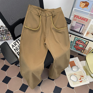 vibe宽松阔腿休闲长裤 潮牌棕色虎纹织带弯刀西裤 美式 直筒时尚 男士