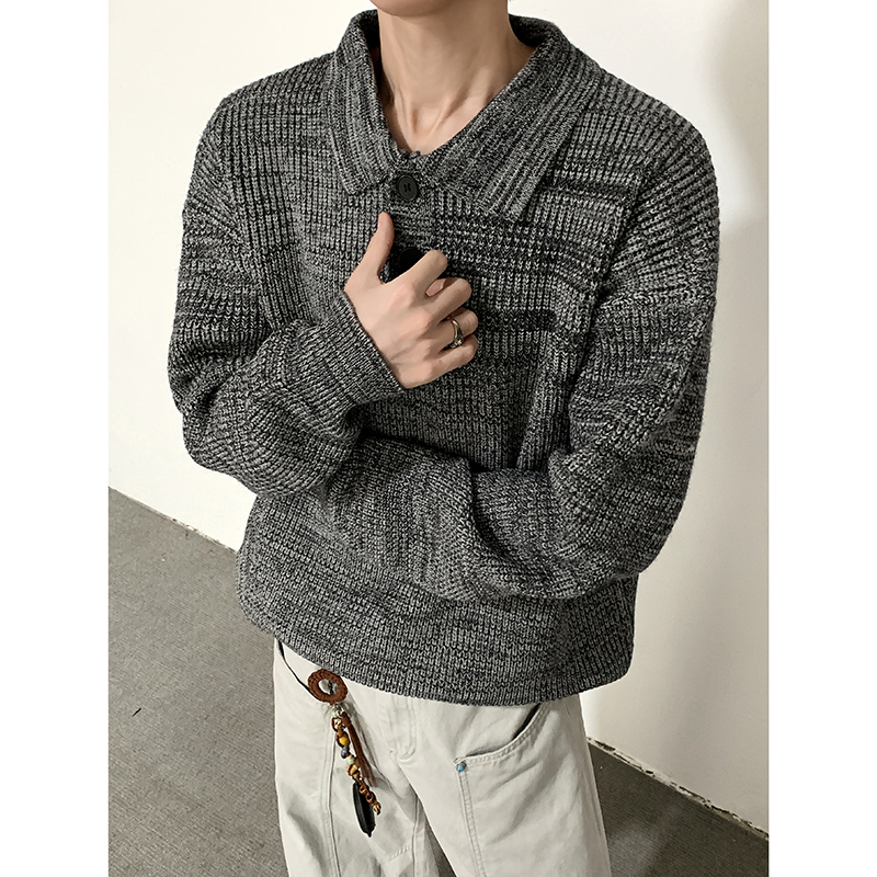 重磅灰色老钱风polo领毛衣男款冬季痞帅高级感宽松套头纽扣针织衫