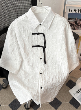 新中式提花盘扣短袖衬衫男装中国风宽松唐装休闲半袖衬衣翻领ins