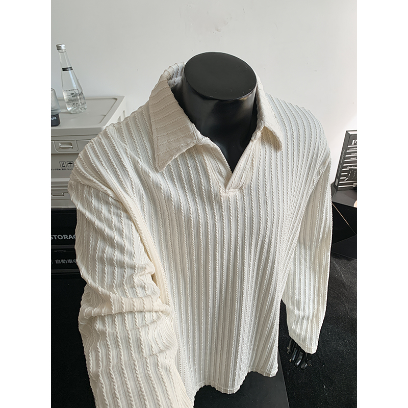 老钱风麦穗纹针织长袖t恤男生秋季肌理感v领灰色polo衫宽松打底衫