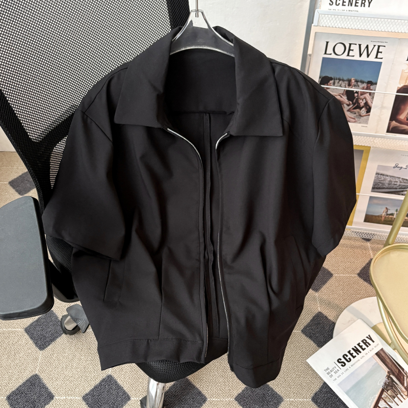 短袖双拉链衬衫男款夏季廊形半袖凉感衬衣cleanfit重磅垫肩外套潮