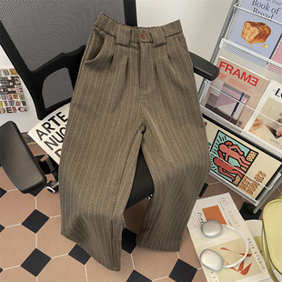 宽松直筒老钱风vintage阔腿裤 男秋季 松弛感打褶条纹休闲西裤 美式