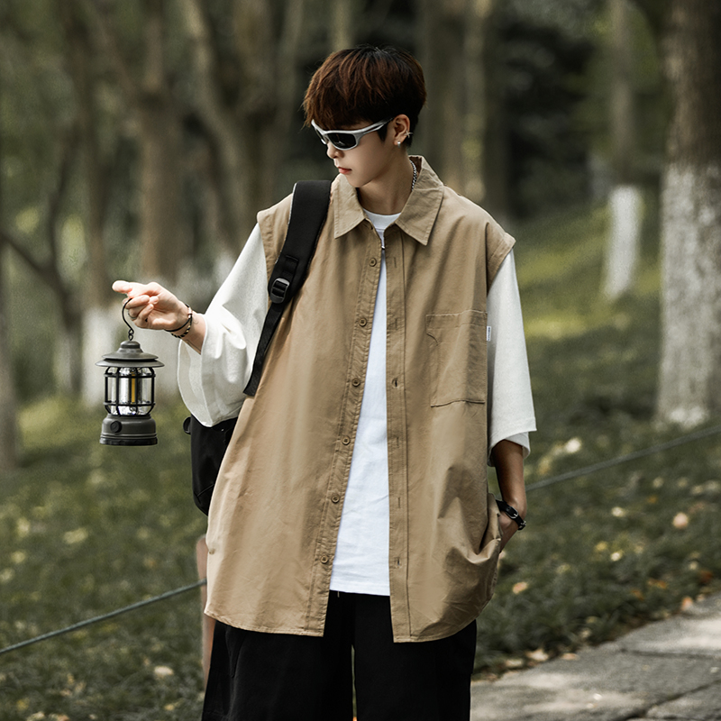 日系复古假两件帅气工装衬衣