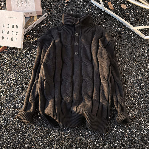 老钱风咖色浮雕绞花纹高领毛衣男款秋冬复古廓形短宽针织衫鹿毛绒