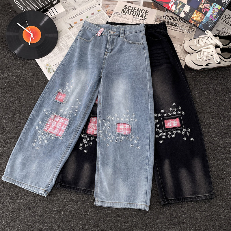 美式复古破洞贴布牛仔裤男女中腰显瘦设计感宽松阔腿青少年弯刀裤