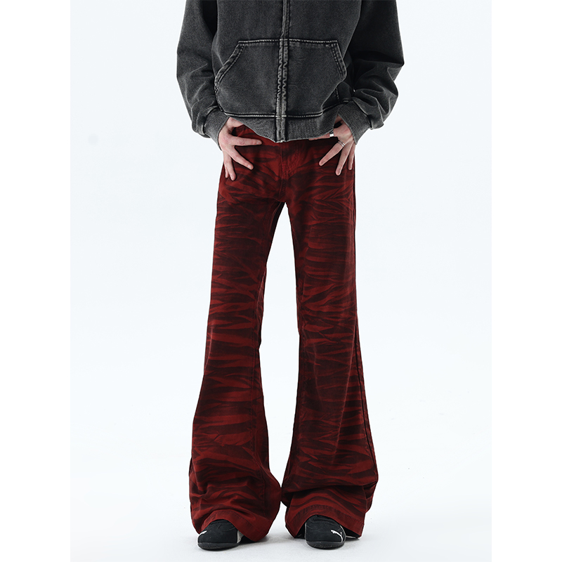 美式高街红色扎染微喇牛仔裤男生痞帅vibe风小众设计感宽松直筒裤