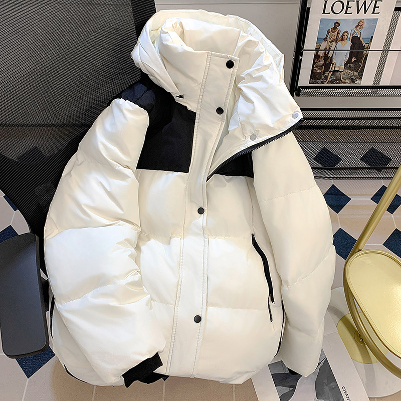 2025冬季羽绒棉服男女中长款连帽拼色韩版宽松加厚情侣面包服外套