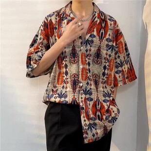 夏威夷提花设计衬衫男女户外沙滩ins薄款宽松巴古领开衫衬衣