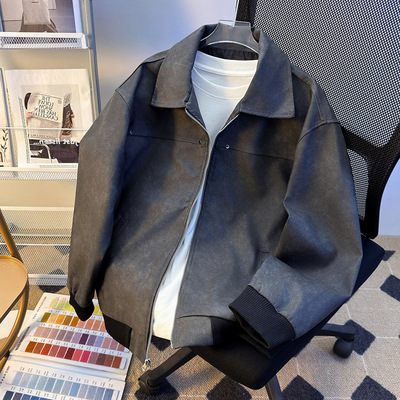 复古棕色PU皮衣飞行外套男春秋款高级感翻领麂皮绒夹克工装棒球服