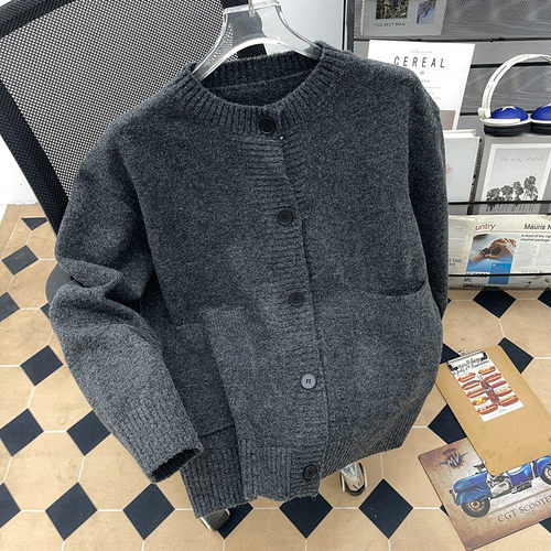 高级感cleanfit圆领长袖针织开衫男款潮冬季宽松休闲灰色毛衣外套