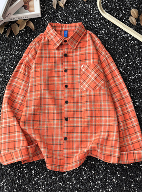 美式格纹长袖开衫衬衫男女bf小众宽松休闲口袋设计感橙色衬衣外套