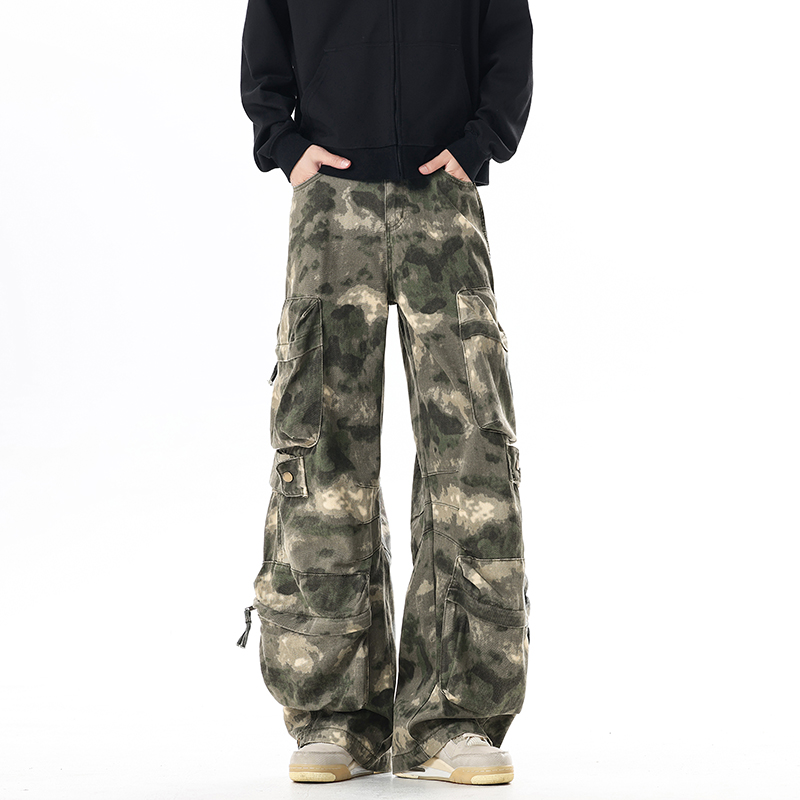 美式重工扎染迷彩工装牛仔裤男女微喇大口袋设计感宽松直筒阔腿裤
