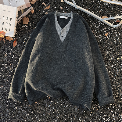 深灰色假两件V领针织衫毛衣男款秋冬新款美式内搭长袖毛线衣保暖