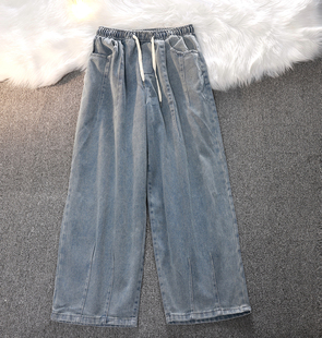 系绳牛仔裤 青少年百搭潮牌直筒裤 男款 ins宽松阔腿裤 子 美式 春秋季