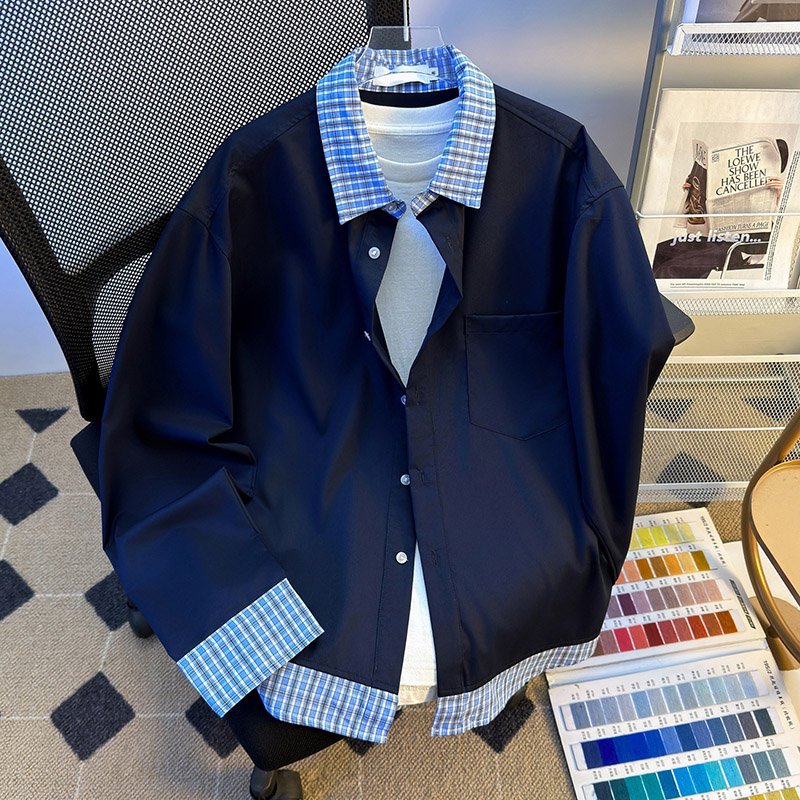 春秋季韩系假两件拼接翻领衬衫男女外穿宽松休闲短款开衫口袋衬衣