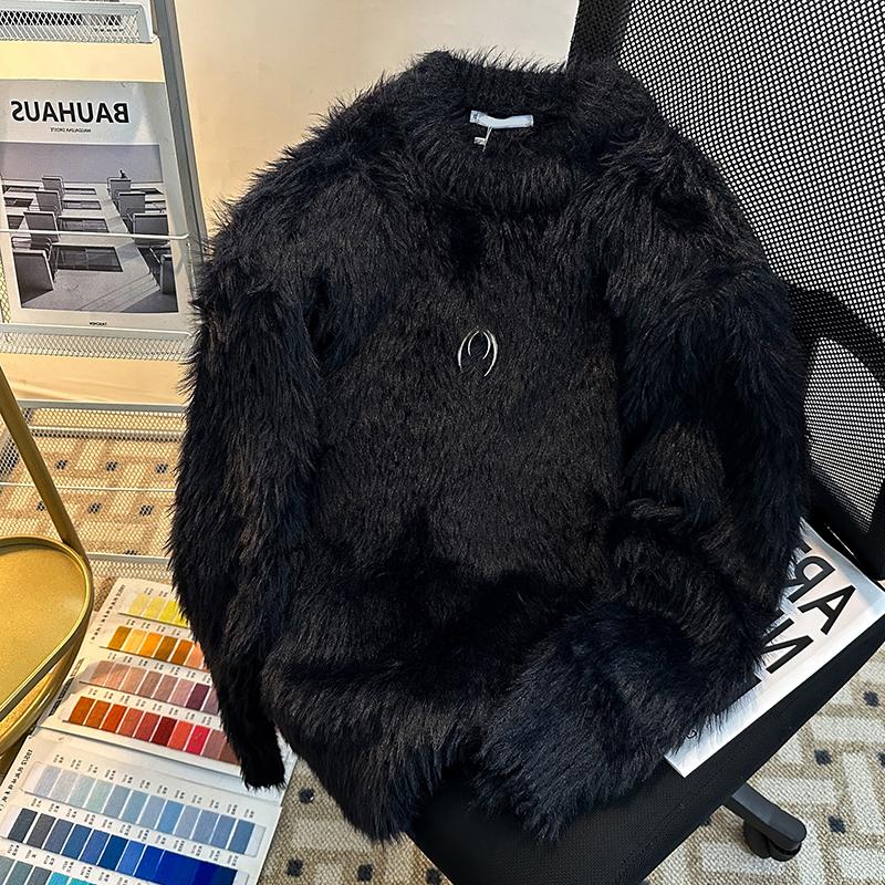 黑色水貂绒垫肩圆领毛衣男女2025年冬季套头内搭毛茸茸针织衫上衣