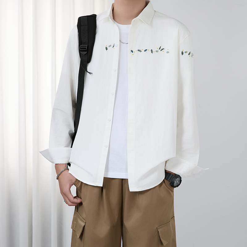 轻奢白色纯棉衬衫男生高级感简约春秋2025年新款衬衫长袖痞帅外套
