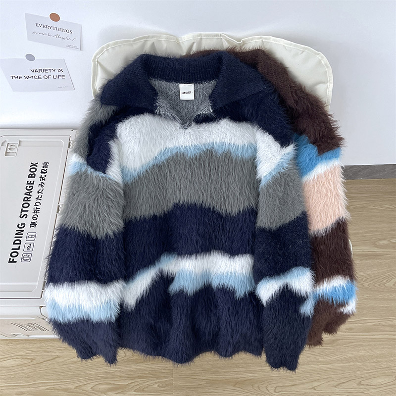 美式撞色仿貂毛翻领长袖毛衣男女时尚毛绒针织衫加绒加厚保暖打底