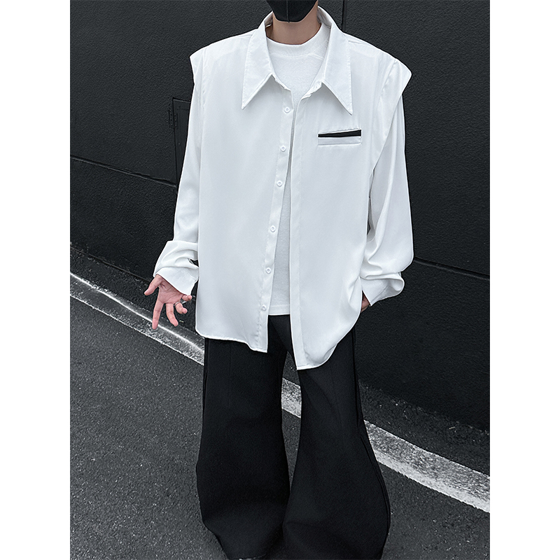 轻奢风cleanfit白色垫肩衬衣男装高级感韩系穿搭长袖衬衫时尚潮流
