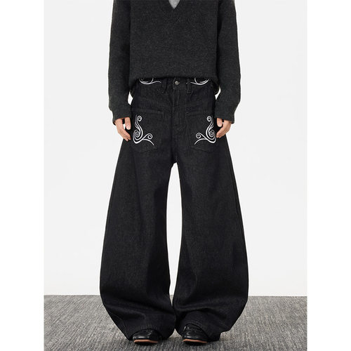 美式刺绣弯刀牛仔裤男痞帅cleanfit高级感少年感宽松微喇裤子拖地